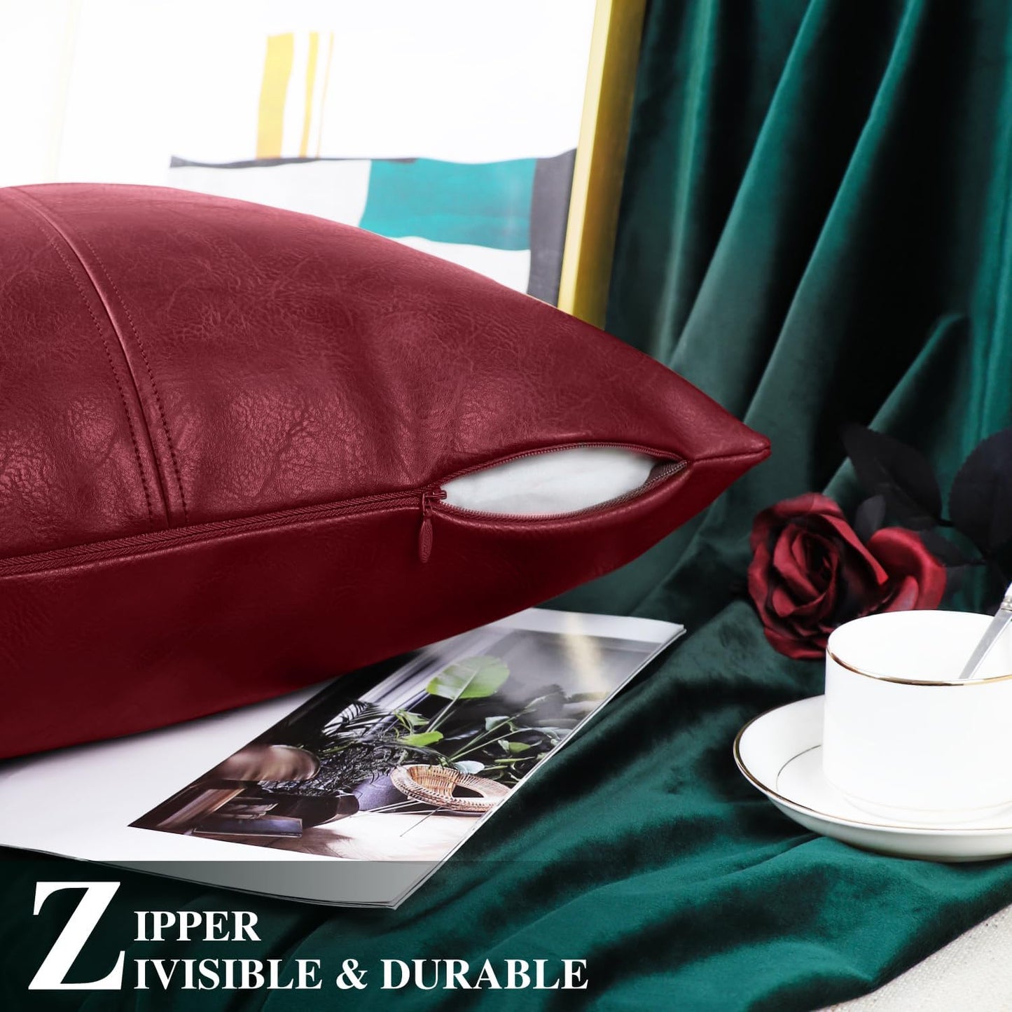 Faux Leather Throw Pillow Covers 12 X 20 Inches, Burgundy Leather Pillow Cover, Hand Stitched Leather Decorative Lumbar Pillow Cover for Couch Sofa Bed Living Room Home Garden