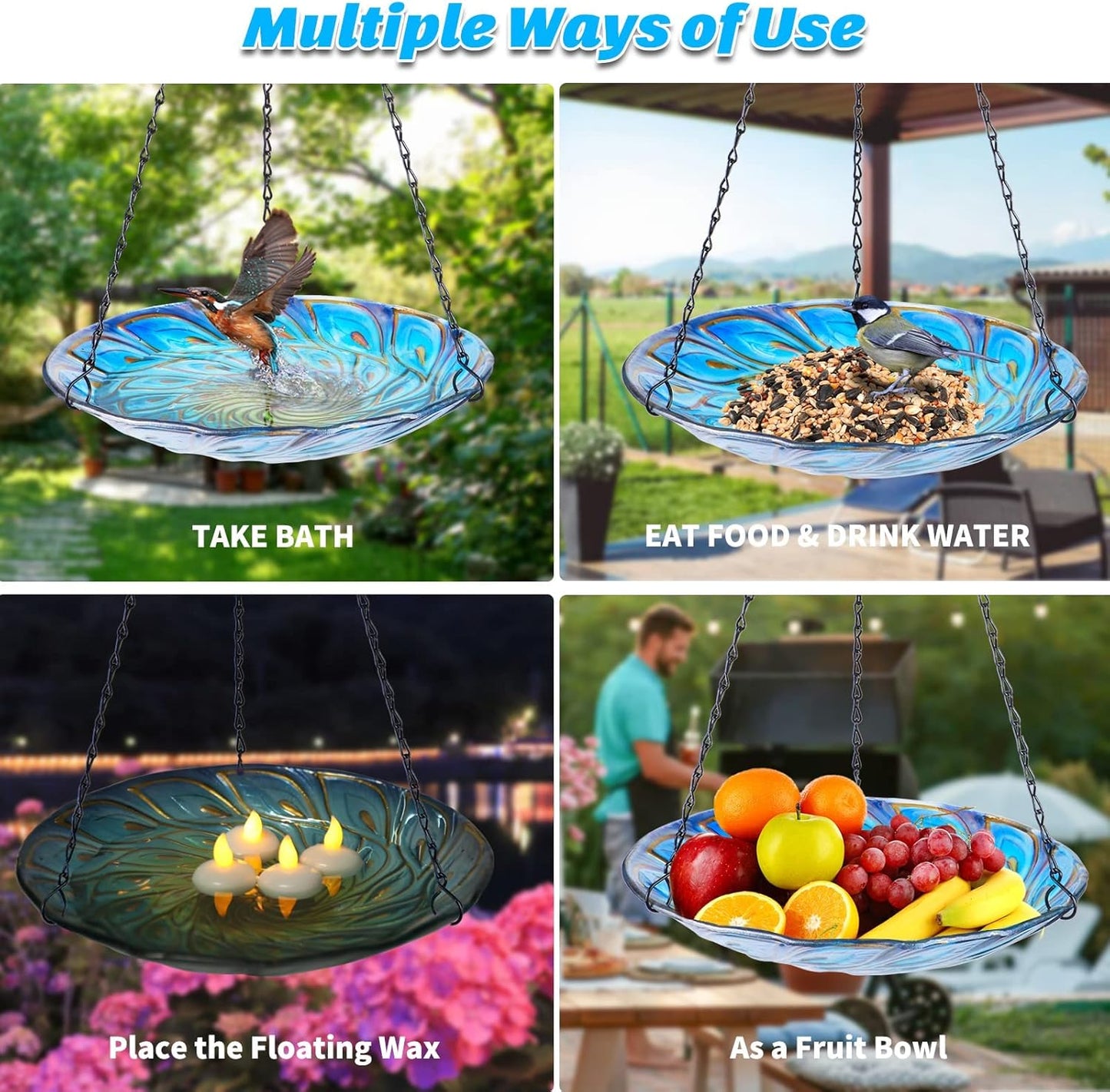 11 Inch Hanging Bird Bath Glass Birdbath Peacock Outdoor Birdfeeder for Garden Yard Decoration