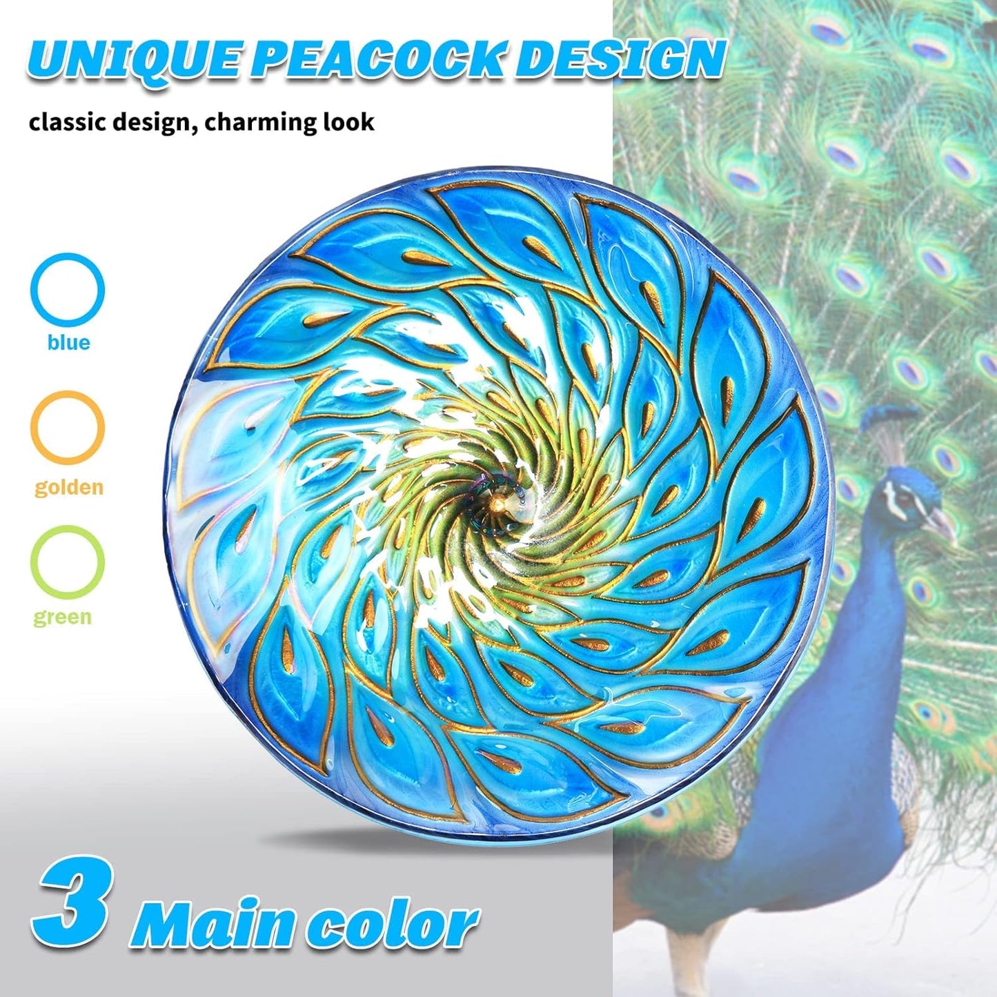 11 Inch Hanging Bird Bath Glass Birdbath Peacock Outdoor Birdfeeder for Garden Yard Decoration