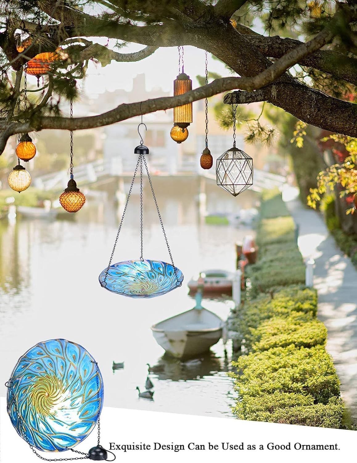 11 Inch Hanging Bird Bath Glass Birdbath Peacock Outdoor Birdfeeder for Garden Yard Decoration