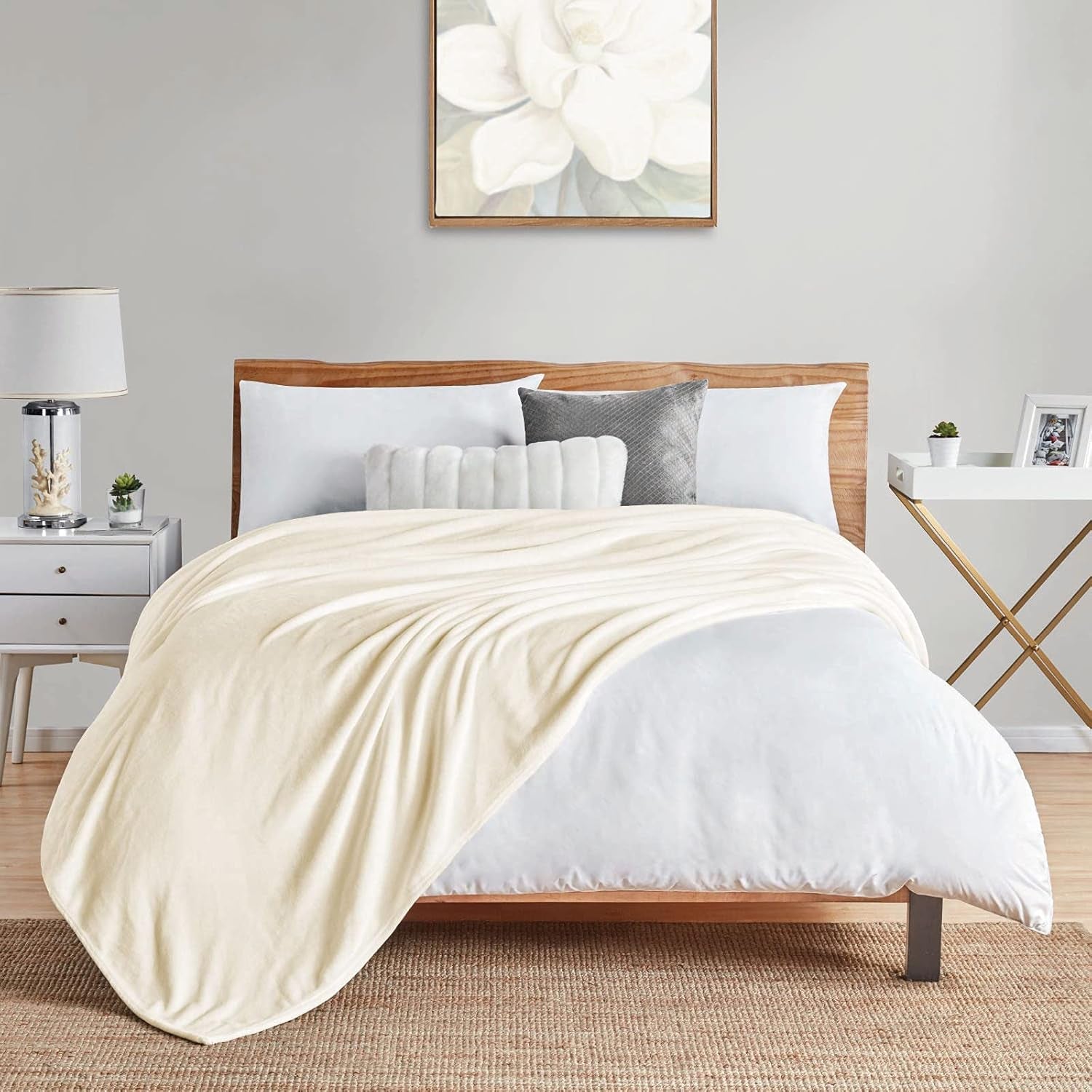 Fleece Blanket Plush Throw Fuzzy Lightweight (Twin Size 60X80 Cream) Super Soft Microfiber Flannel Blankets for Couch, Bed, Sofa Ultra Luxurious Warm and Cozy for All Seasons