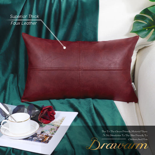 Faux Leather Throw Pillow Covers 12 X 20 Inches, Burgundy Leather Pillow Cover, Hand Stitched Leather Decorative Lumbar Pillow Cover for Couch Sofa Bed Living Room Home Garden