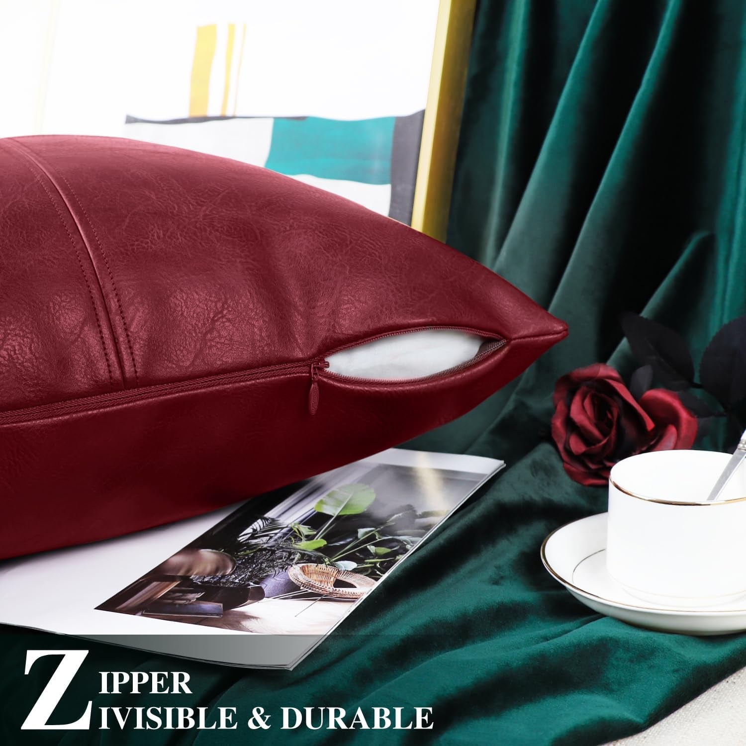 Faux Leather Throw Pillow Covers 12 X 20 Inches, Burgundy Leather Pillow Cover, Hand Stitched Leather Decorative Lumbar Pillow Cover for Couch Sofa Bed Living Room Home Garden