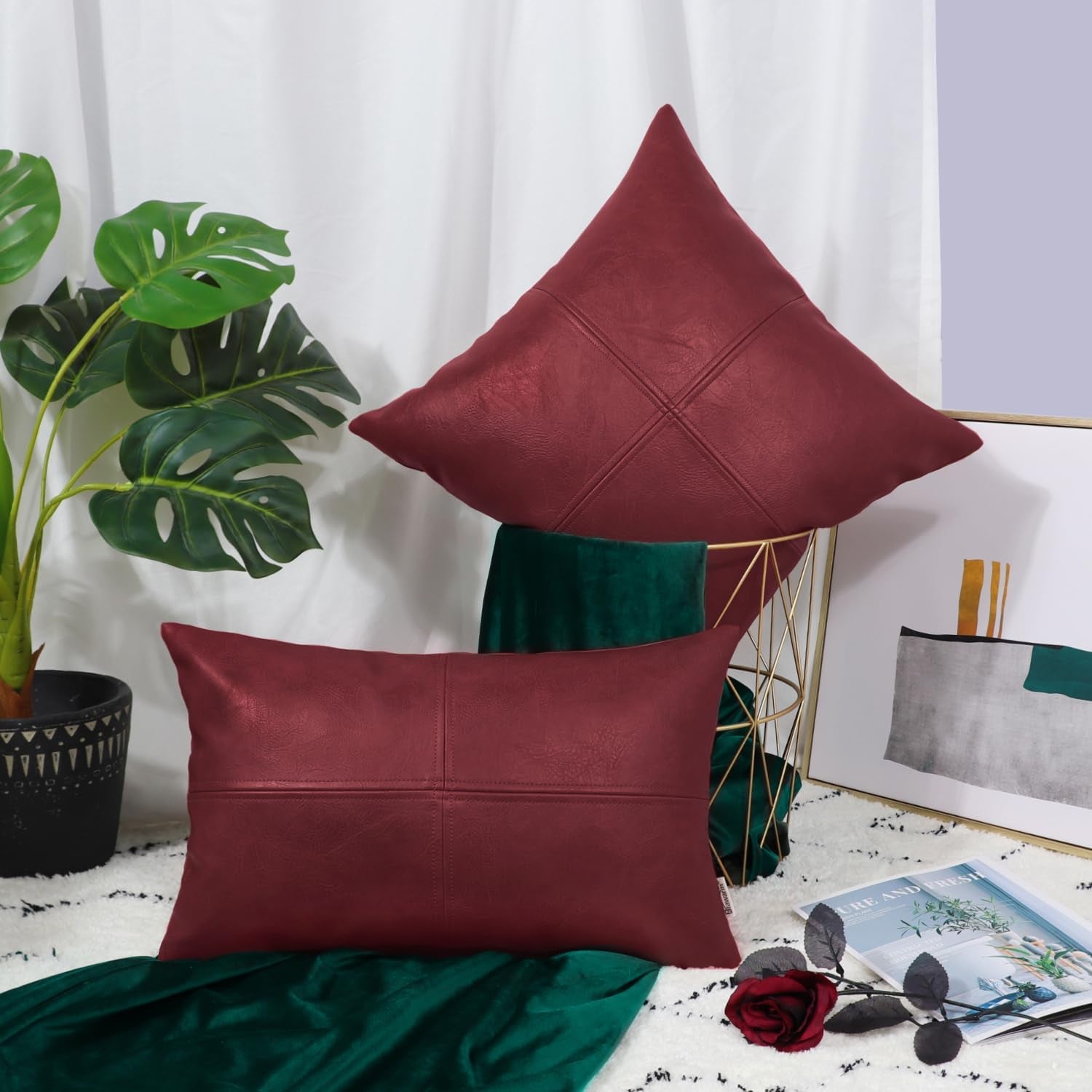 Faux Leather Throw Pillow Covers 12 X 20 Inches, Burgundy Leather Pillow Cover, Hand Stitched Leather Decorative Lumbar Pillow Cover for Couch Sofa Bed Living Room Home Garden