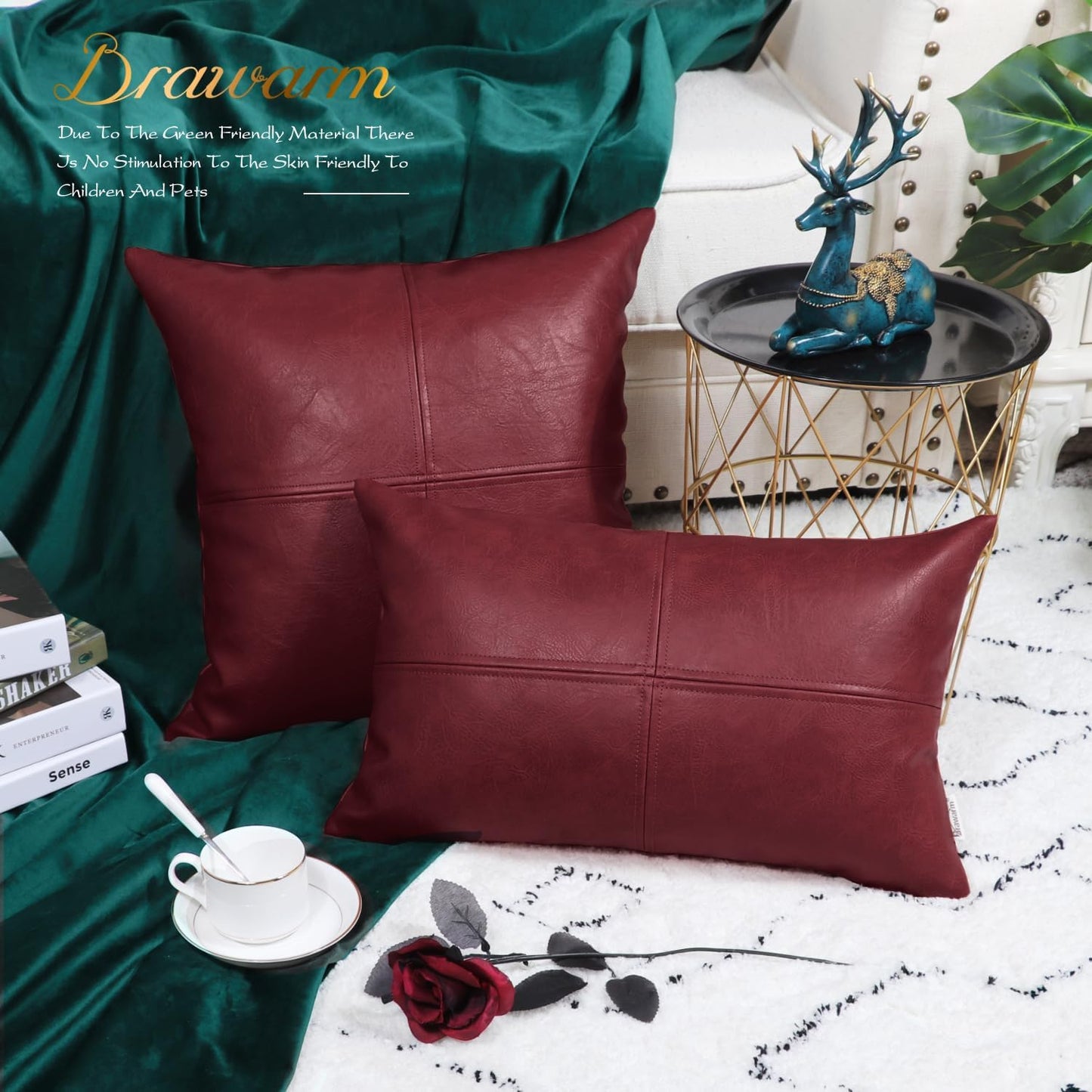 Faux Leather Throw Pillow Covers 12 X 20 Inches, Burgundy Leather Pillow Cover, Hand Stitched Leather Decorative Lumbar Pillow Cover for Couch Sofa Bed Living Room Home Garden