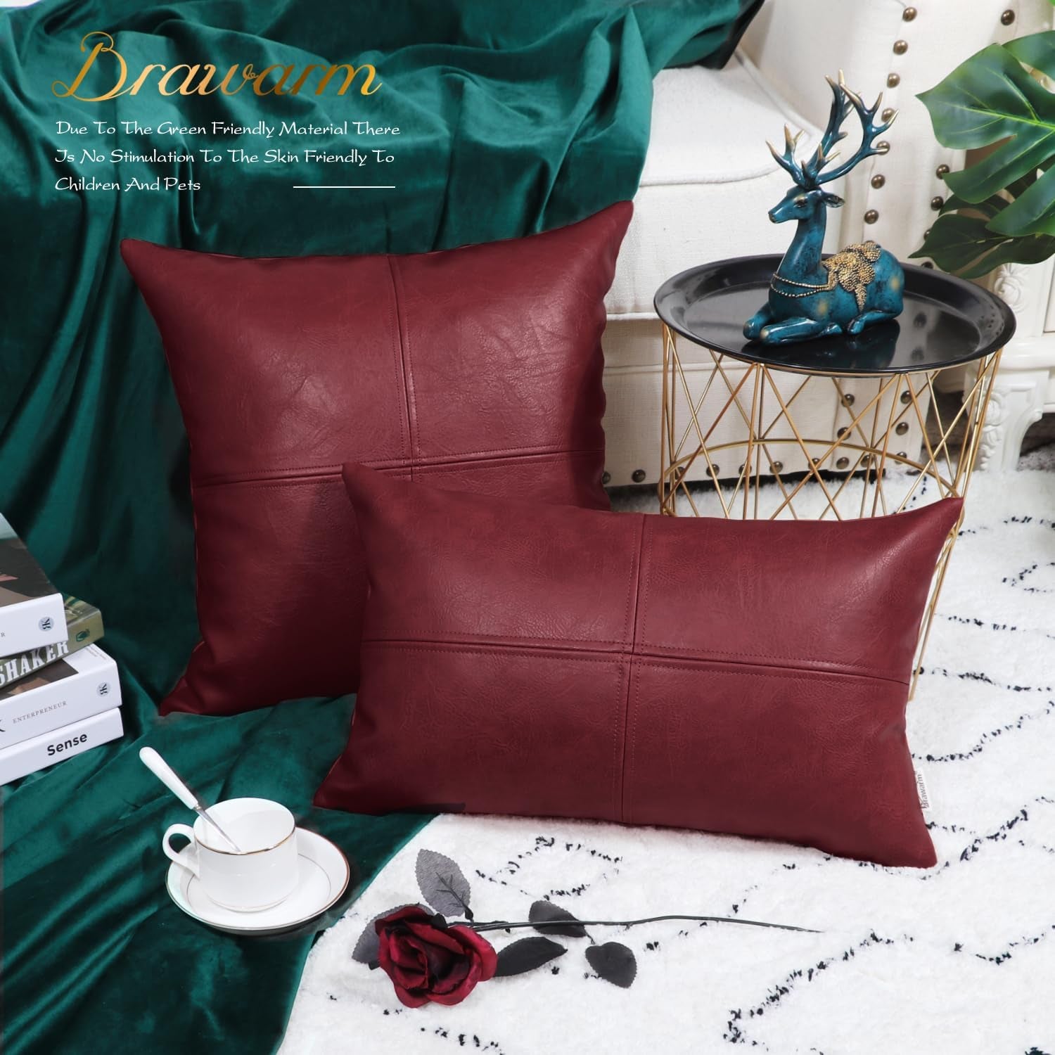 Faux Leather Throw Pillow Covers 12 X 20 Inches, Burgundy Leather Pillow Cover, Hand Stitched Leather Decorative Lumbar Pillow Cover for Couch Sofa Bed Living Room Home Garden