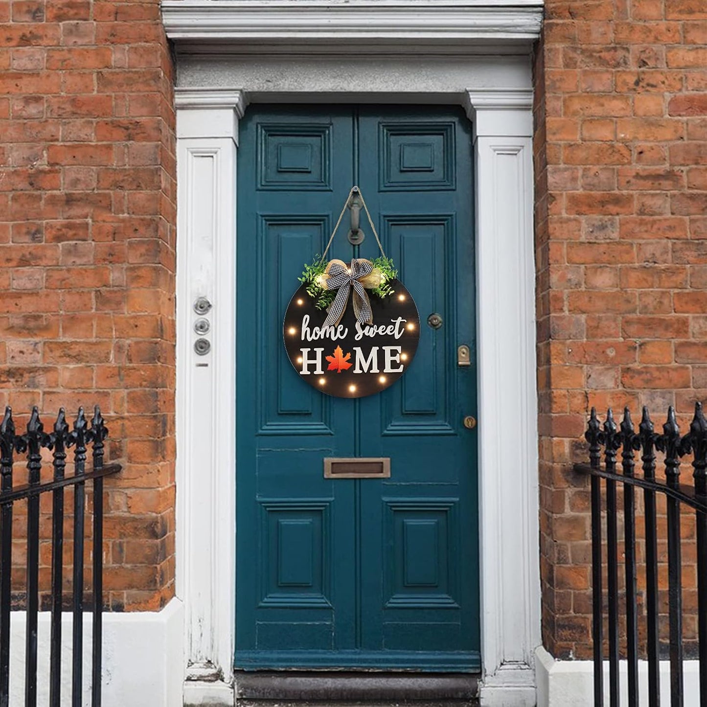 Interchangeable Welcome Sign for Front Door with 14 Changeable Icons, Farmhouse Front Porch Decor Rustic Wooden Wall Sign with 12 LED Lights, Outdoor Seasonal Welcome Home Decorations (Black1)