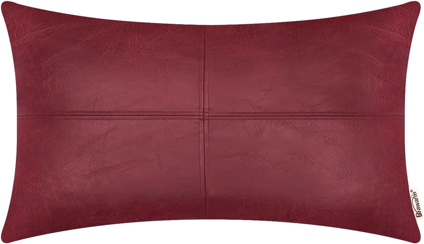 Faux Leather Throw Pillow Covers 12 X 20 Inches, Burgundy Leather Pillow Cover, Hand Stitched Leather Decorative Lumbar Pillow Cover for Couch Sofa Bed Living Room Home Garden