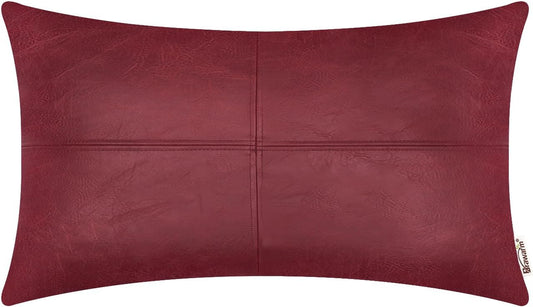 Faux Leather Throw Pillow Covers 12 X 20 Inches, Burgundy Leather Pillow Cover, Hand Stitched Leather Decorative Lumbar Pillow Cover for Couch Sofa Bed Living Room Home Garden
