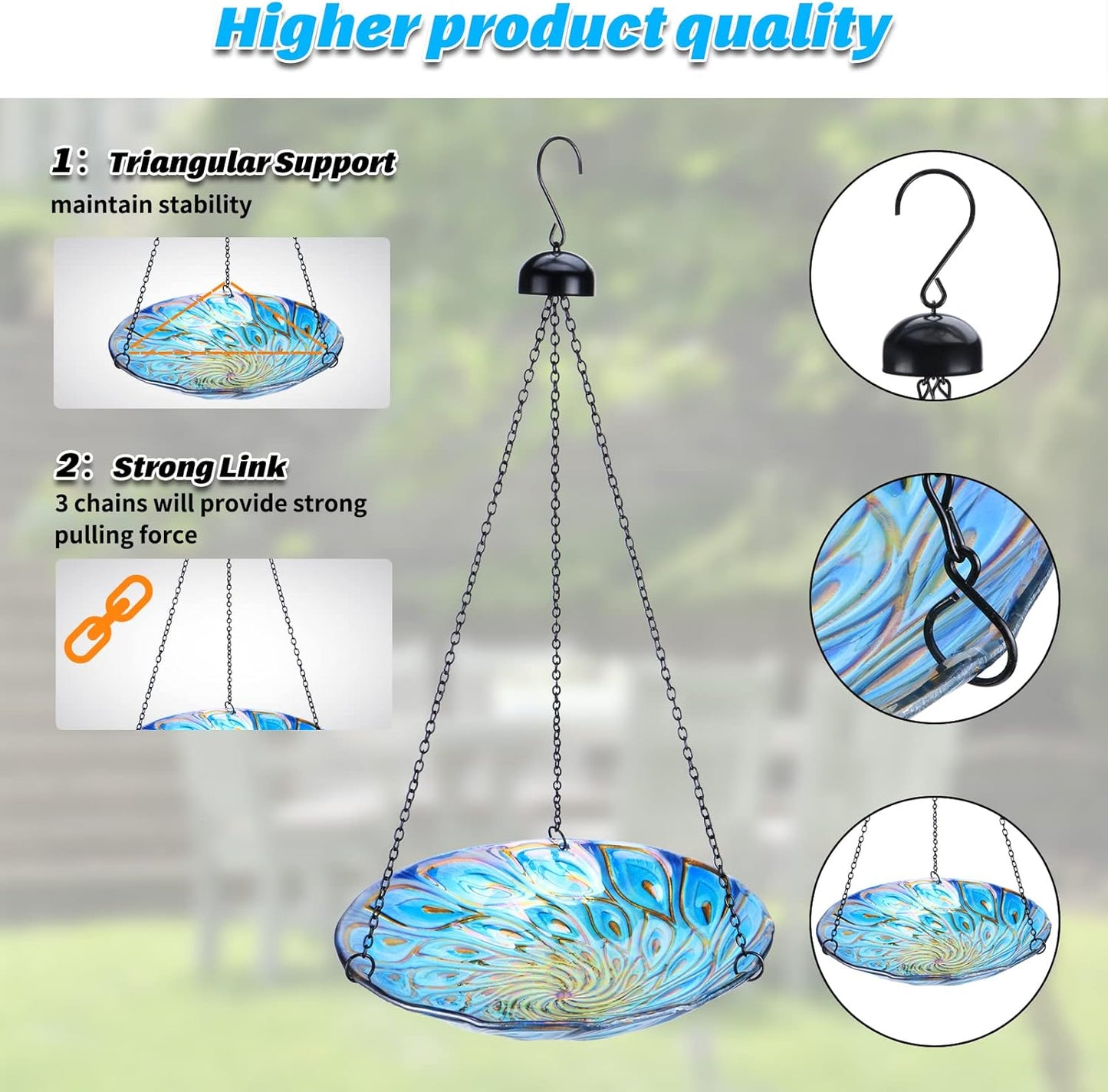 11 Inch Hanging Bird Bath Glass Birdbath Peacock Outdoor Birdfeeder for Garden Yard Decoration