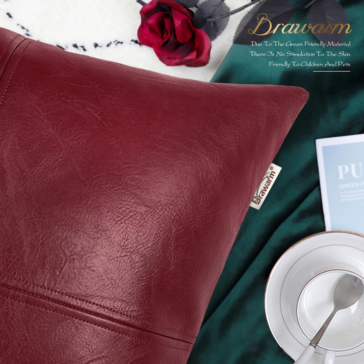 Faux Leather Throw Pillow Covers 12 X 20 Inches, Burgundy Leather Pillow Cover, Hand Stitched Leather Decorative Lumbar Pillow Cover for Couch Sofa Bed Living Room Home Garden